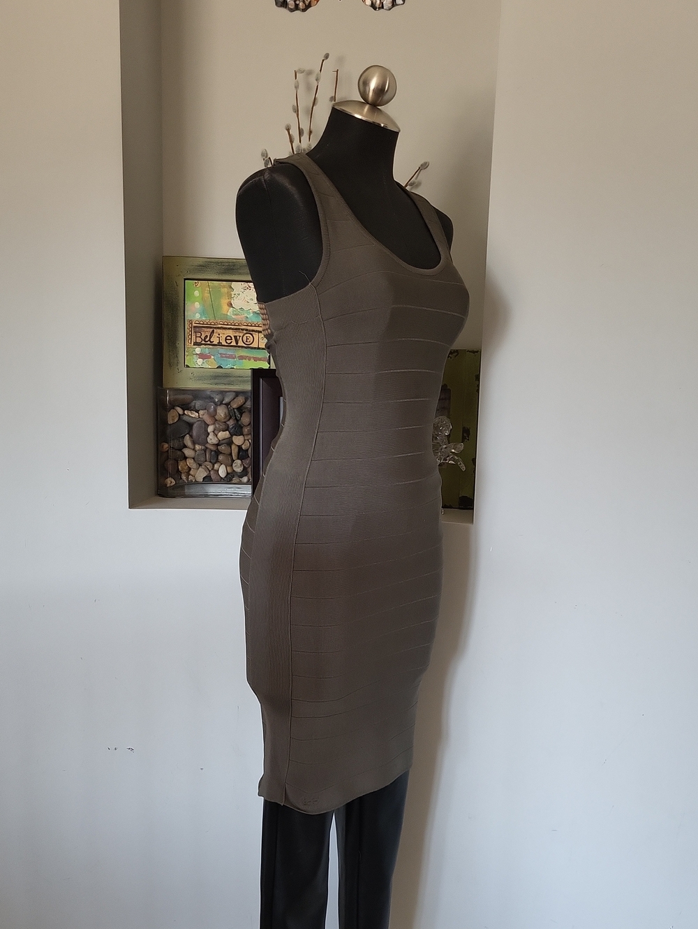 Y2K Bebe Gold Studded Cross Strap Bandage Bodycon Party Dress Size S Clubwear